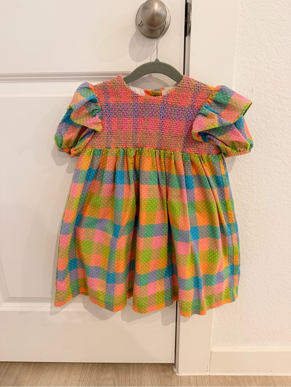 The Beaufort Bonnet Company Rainbow Plaid Smocked Puff Sleeve Dress